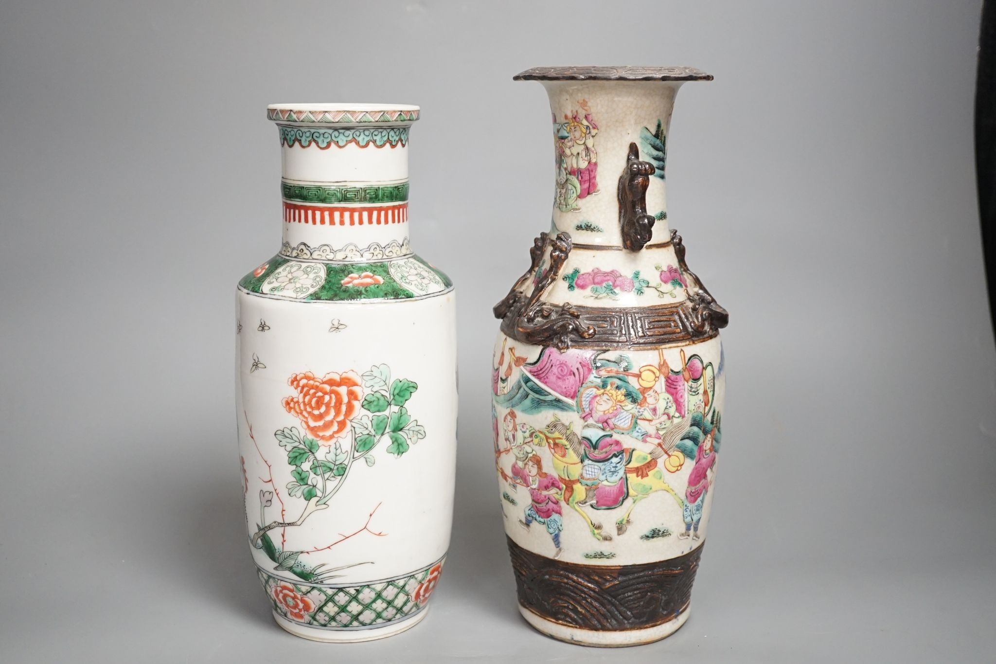 A Chinese crackle glaze ‘warriors’ vase and a Chinese famille verte ‘phoenix’ vase, both early 20th century Crackle ware vase 25 cms high.